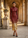 Mock Neck Ombre Sequin Coin Embellished Long Sleeve Midi Evening Dress