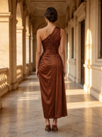 One Shoulder Ruched Satin Evening Gown with High Slit