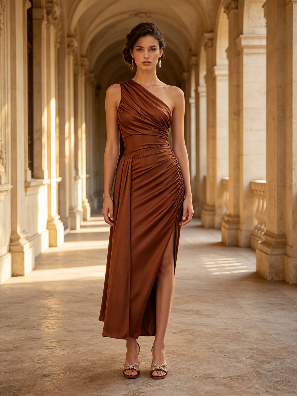 One Shoulder Ruched Satin Evening Gown with High Slit