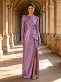 Crew Neck Long Sleeve Sequin Evening Dress - Evening Dresses, Purple, Formal Evening Gown