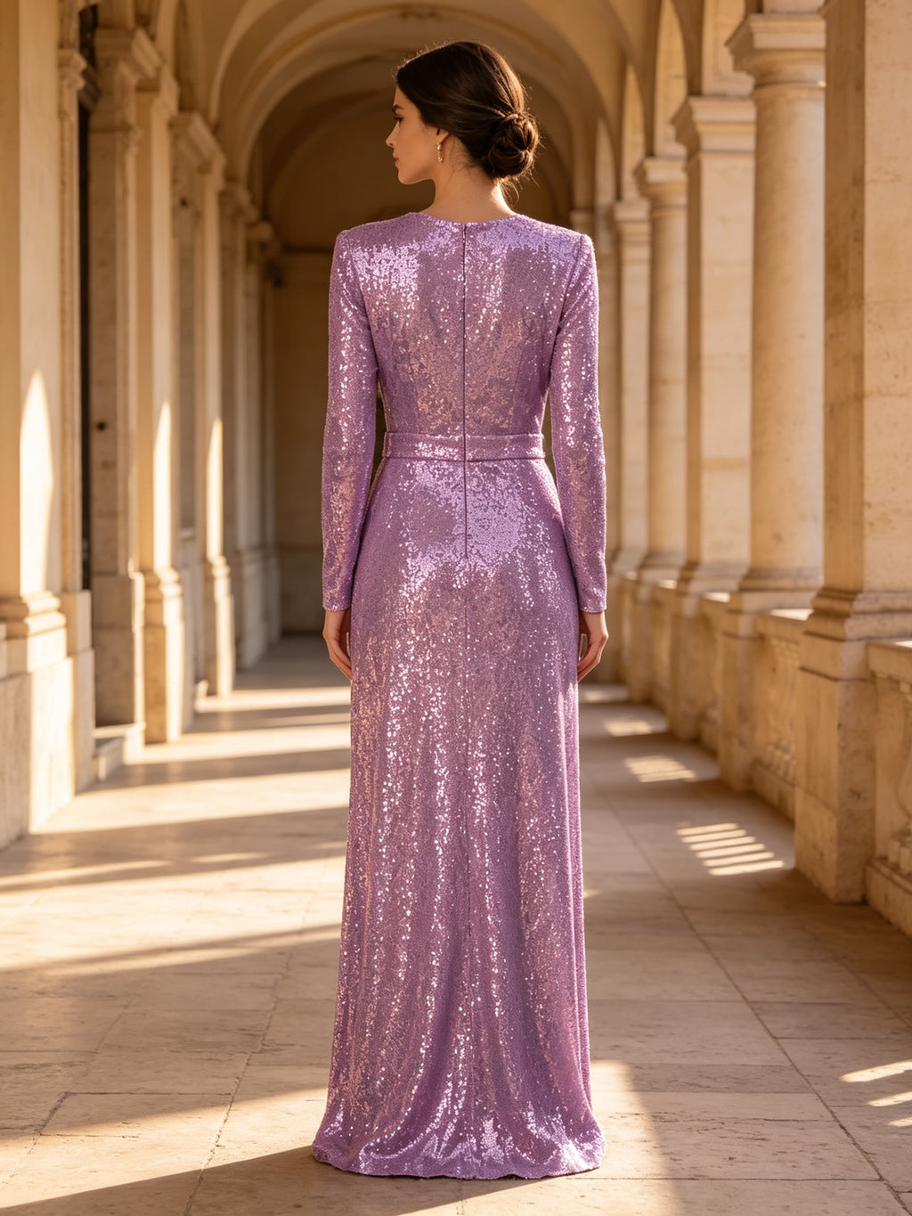 Crew Neck Long Sleeve Sequin Evening Dress - Evening Dresses, Purple, Formal Evening Gown