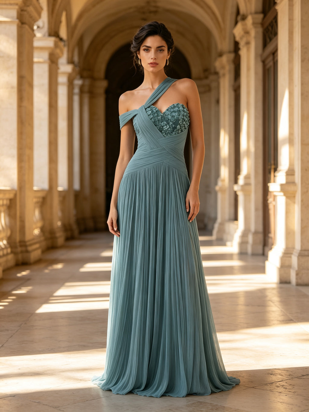 Blue One-Shoulder Beaded Pleated A-Line Evening Dress