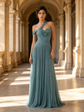 Blue One-Shoulder Beaded Pleated A-Line Evening Dress