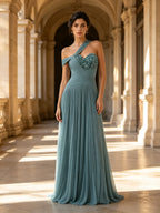 Blue One-Shoulder Beaded Pleated A-Line Evening Dress