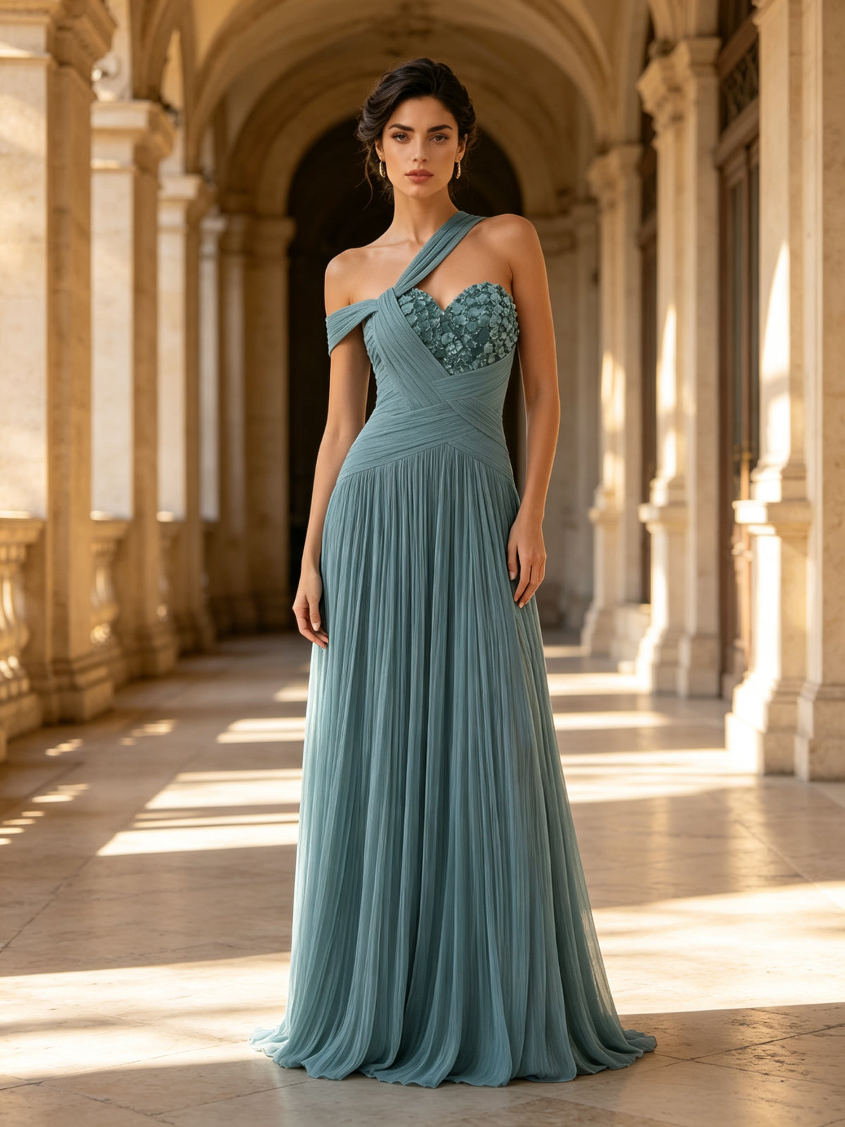 Blue One-Shoulder Beaded Pleated A-Line Evening Dress