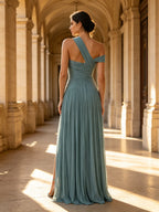 Blue One-Shoulder Beaded Pleated A-Line Evening Dress