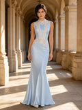Sky Blue High-Neck Lace Appliqué Mermaid Evening Dress