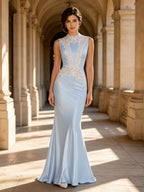 Sky Blue High-Neck Lace Appliqué Mermaid Evening Dress