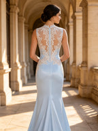 Sky Blue High-Neck Lace Appliqué Mermaid Evening Dress