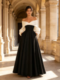 Off-the-Shoulder Two-Tone Long Sleeve Evening Dress - Evening Dresses, Black, Formal Evening Gown