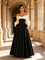 Off-the-Shoulder Two-Tone Long Sleeve Evening Dress - Evening Dresses, Black, Formal Evening Gown
