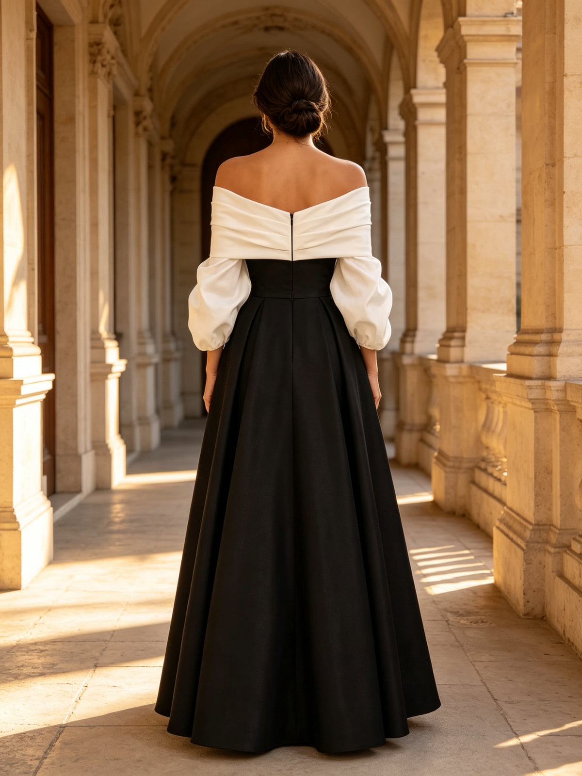 Off-the-Shoulder Two-Tone Long Sleeve Evening Dress - Evening Dresses, Black, Formal Evening Gown