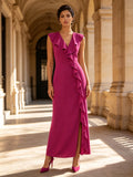 Fuchsia Ruffled V-Neck Sleeveless Crepe Evening Dress