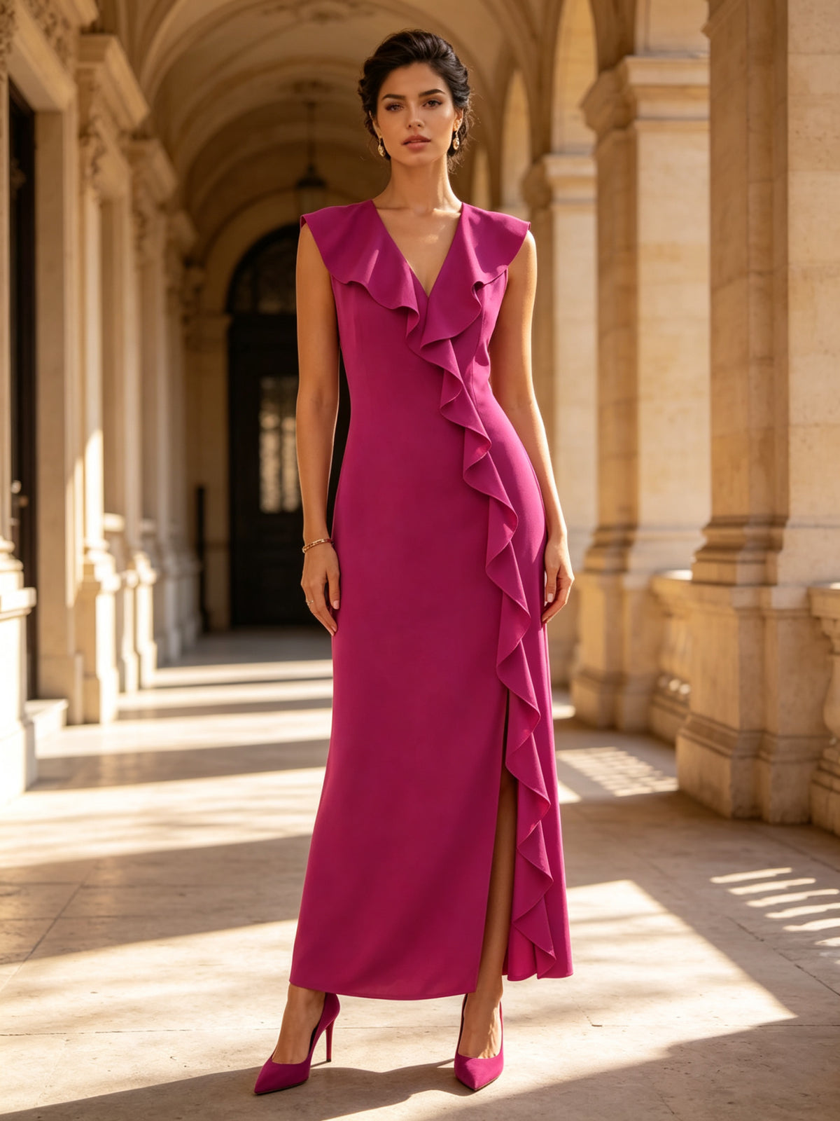 Fuchsia Ruffled V-Neck Sleeveless Crepe Evening Dress