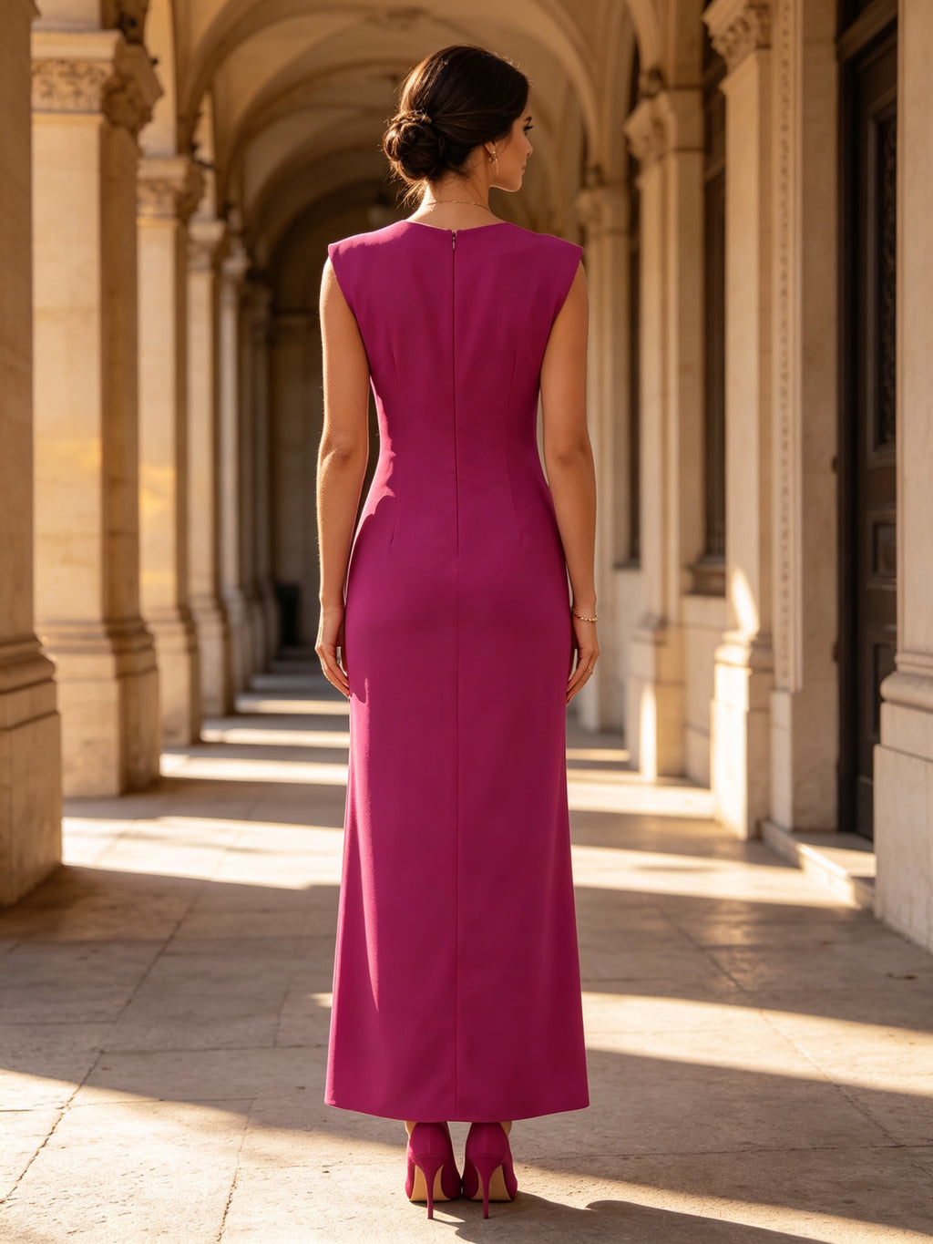 Fuchsia Ruffled V-Neck Sleeveless Crepe Evening Dress