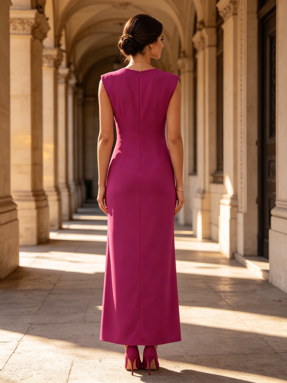 Fuchsia Ruffled V-Neck Sleeveless Crepe Evening Dress
