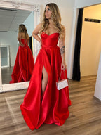Red A Line Strapless Sweetheart Satin Long Prom Dress with Slit
