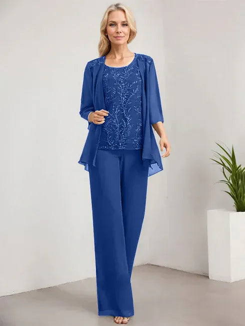 Zweiteiler Jumpsuit/Hosenanzug U-Ausschnitt bodenlanges Spitzen Chiffon Mutter der Braut Kleid mit Pailletten