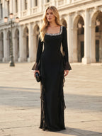 Sheath/Column Square Neck Chiffon Maxi Evening Dresses with Lace Appliques & Ruffles