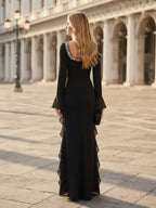 Sheath/Column Square Neck Chiffon Maxi Evening Dresses with Lace Appliques & Ruffles