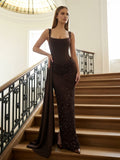 Sheath/Column Square Neck Sequin Maxi Evening Dresses with Corset Bodice, Ruched Waist & Side Sash