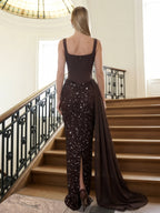 Sheath/Column Square Neck Sequin Maxi Evening Dresses with Corset Bodice, Ruched Waist & Side Sash