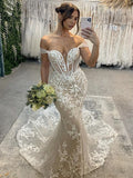 Sexy Off-The-Shoulder Deep V Illusion Corset Mermaid Wedding Dress With Lace Train