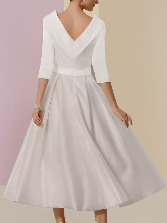 Robes mère de la mariée ligne A/princesse, col bijou, manches mi-longues, longueur thé, avec poches et plis