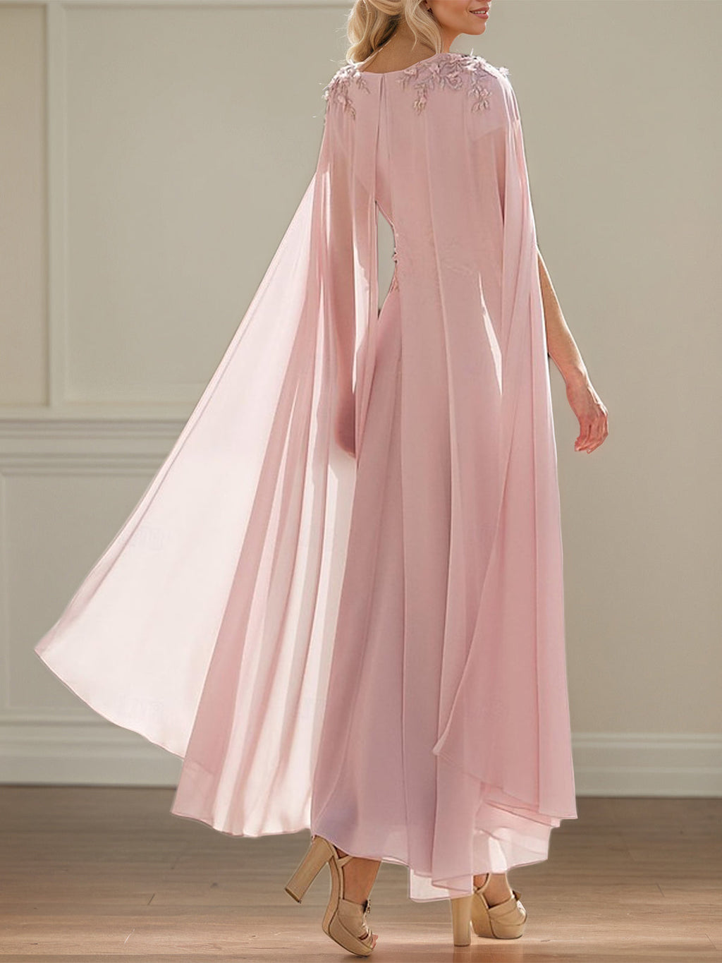 Rosa Chiffon A-Linien V-Ausschnitt kurzärmliges knöchellanges Kleid für die Mutter der Braut