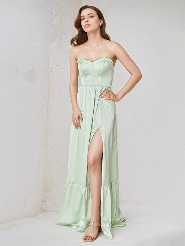 Mint Green Satin Sweetheart Neckline Sleeveless Floor Length Dress With High Slit