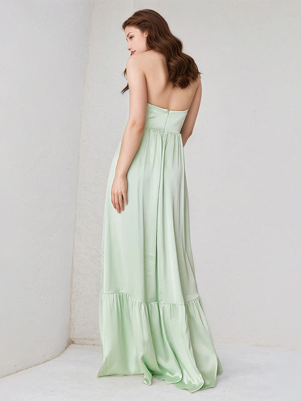 Mint Green Satin Sweetheart Neckline Sleeveless Floor Length Dress With High Slit