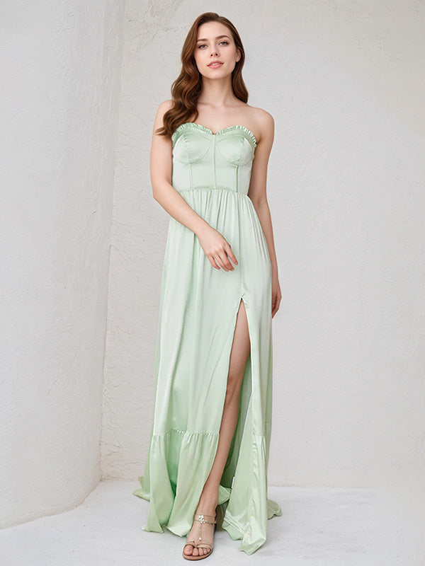 Mint Green Satin Sweetheart Neckline Sleeveless Floor Length Dress With High Slit