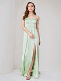 Mint Green Satin Sweetheart Neckline Sleeveless Floor Length Dress With High Slit