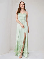 Mint Green Satin Sweetheart Neckline Sleeveless Floor Length Dress With High Slit