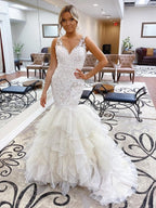 V-Neck Lace Mermaid Wedding Dress Illusion Back Tiered Ruffle Tulle Train Bridal Gown