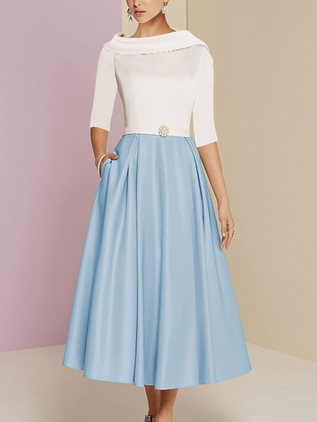 A-Linien/Prinzessinnen Juwelen-Ausschnitt Halbarm Tee-Länge Mutter-der-Braut-Kleider mit Taschen und Falten