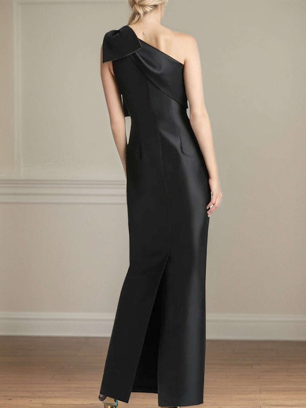 Schwarzes Satin-Etuikleid mit einer Schulter, bodenlang, Mutter-der-Braut-Kleid