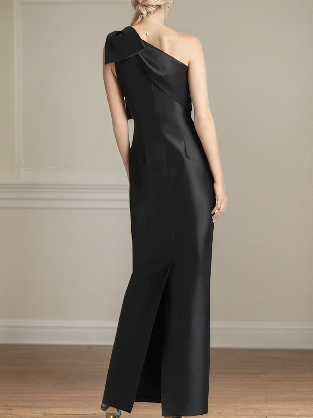 Schwarzes Satin-Etuikleid mit einer Schulter, bodenlang, Mutter-der-Braut-Kleid