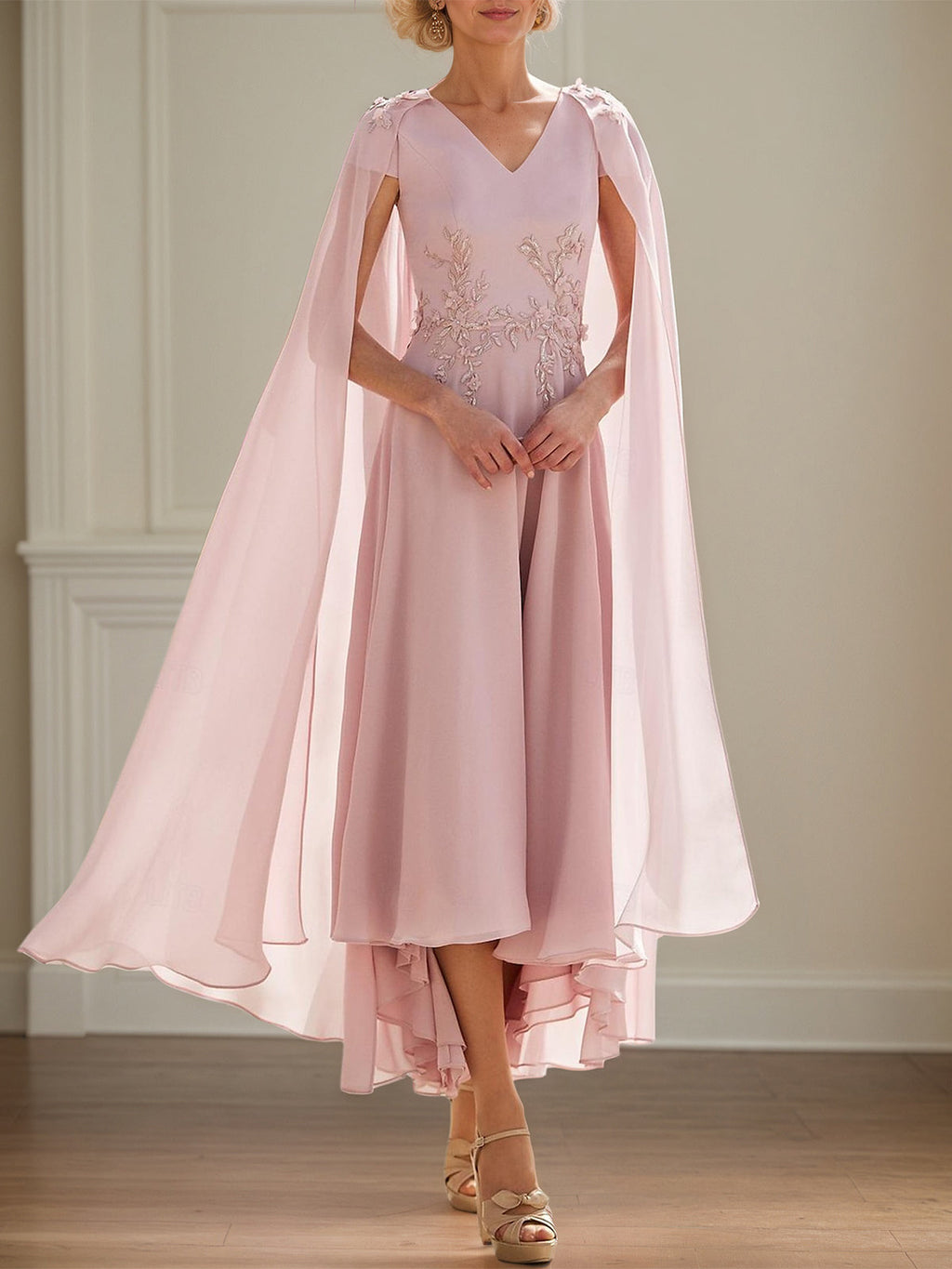 Rosa Chiffon A-Linien V-Ausschnitt kurzärmliges knöchellanges Kleid für die Mutter der Braut